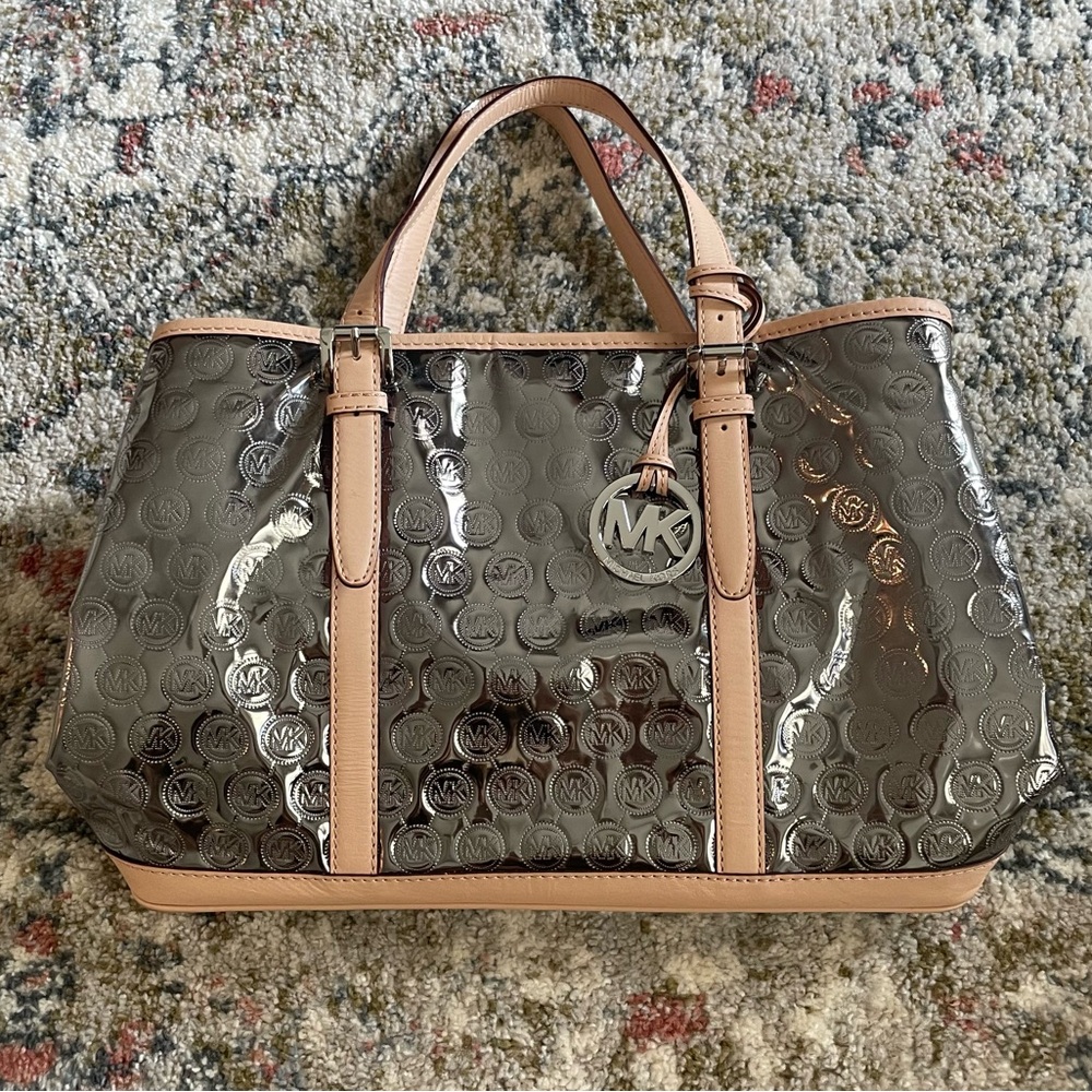 Michael Kors Shiny Gray and Tan Tote